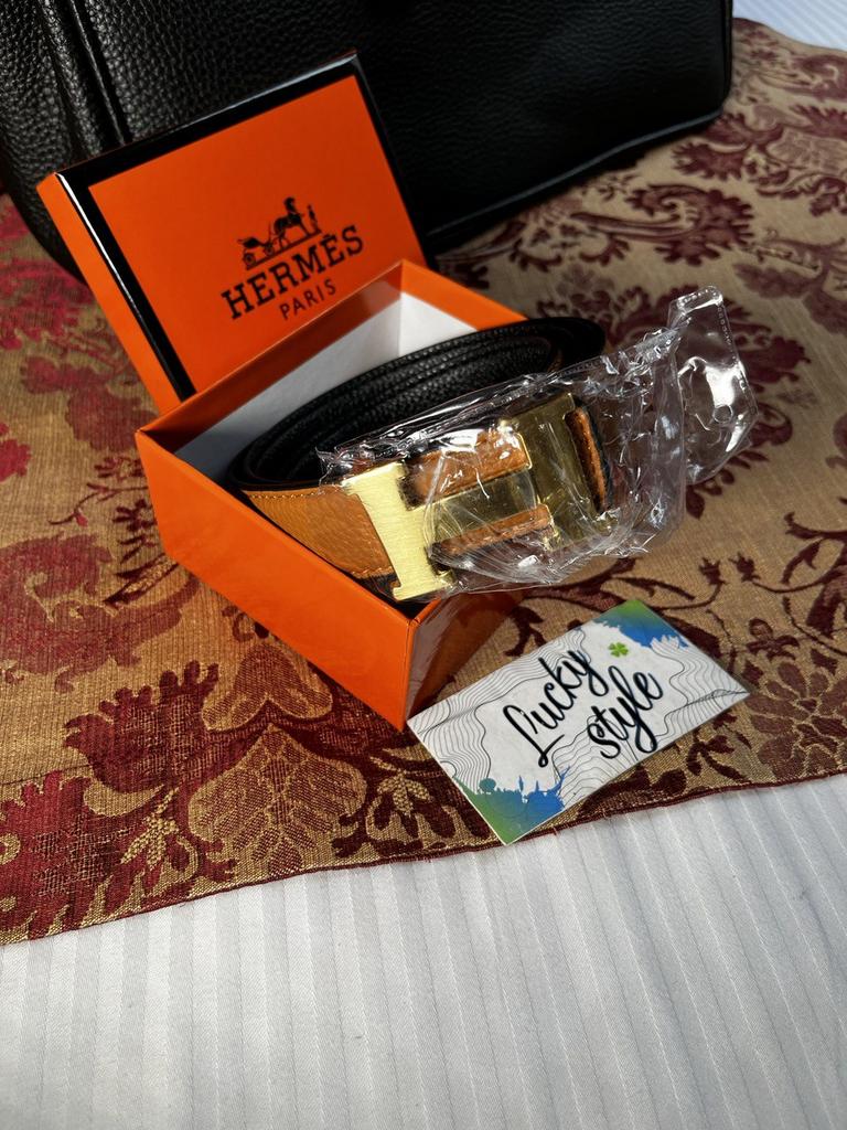 Тонкий ремень Hermes двухсторонний коричневый  золото натуральная кожа 555544