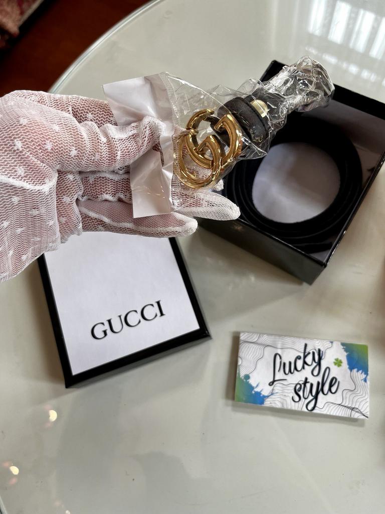 Ремень тонкий Гучи черный золото + бренд коробка 9087