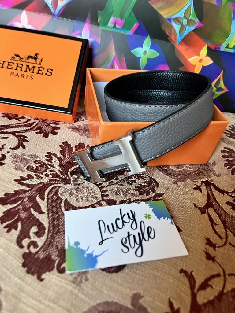 Ремень серый Hermes натуральная кожа серебро пряжка 664326