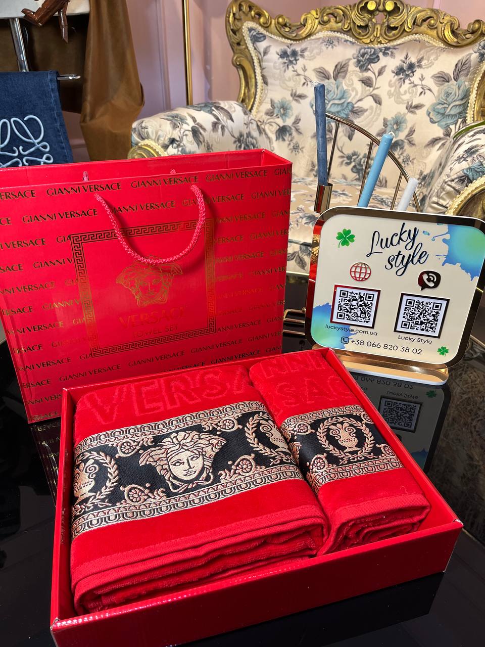 Полотенце 2 шт сет красный Versace +упаковка 663217237