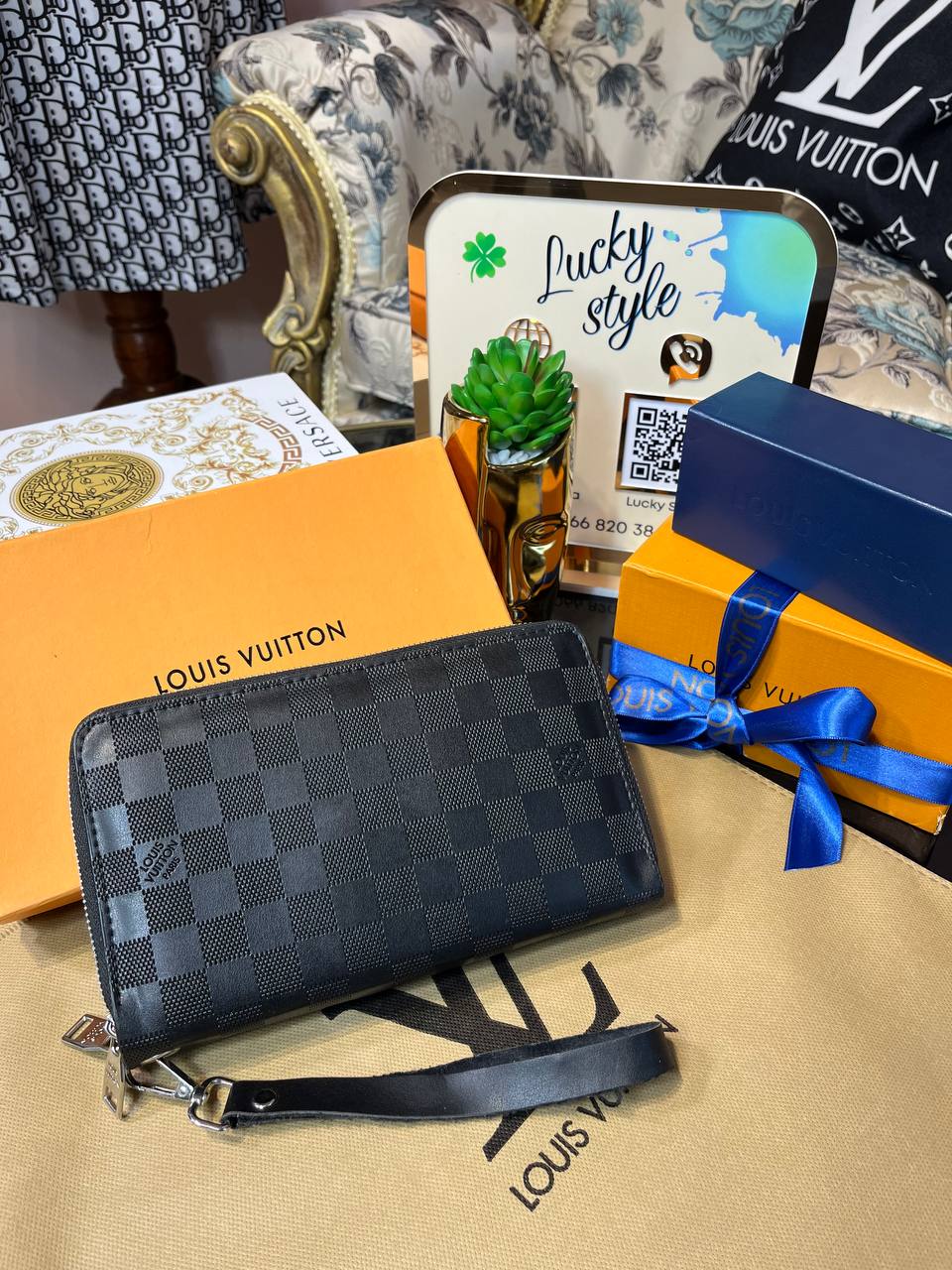 Барсетка-кошелек Louis Vuitton чёрная шашка 95886