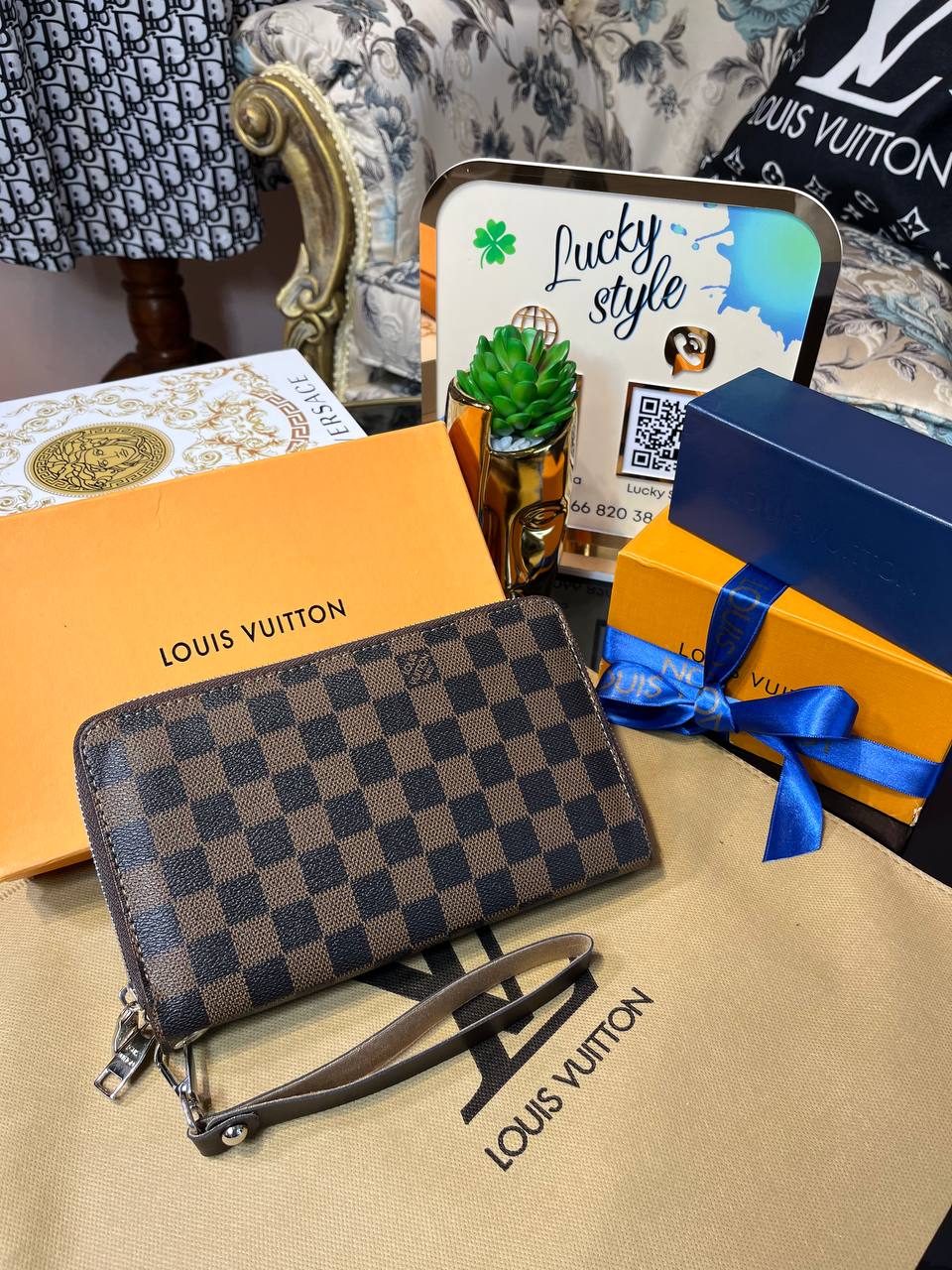 Барсетка-кошелек Louis Vuitton коричневая шашка 95887