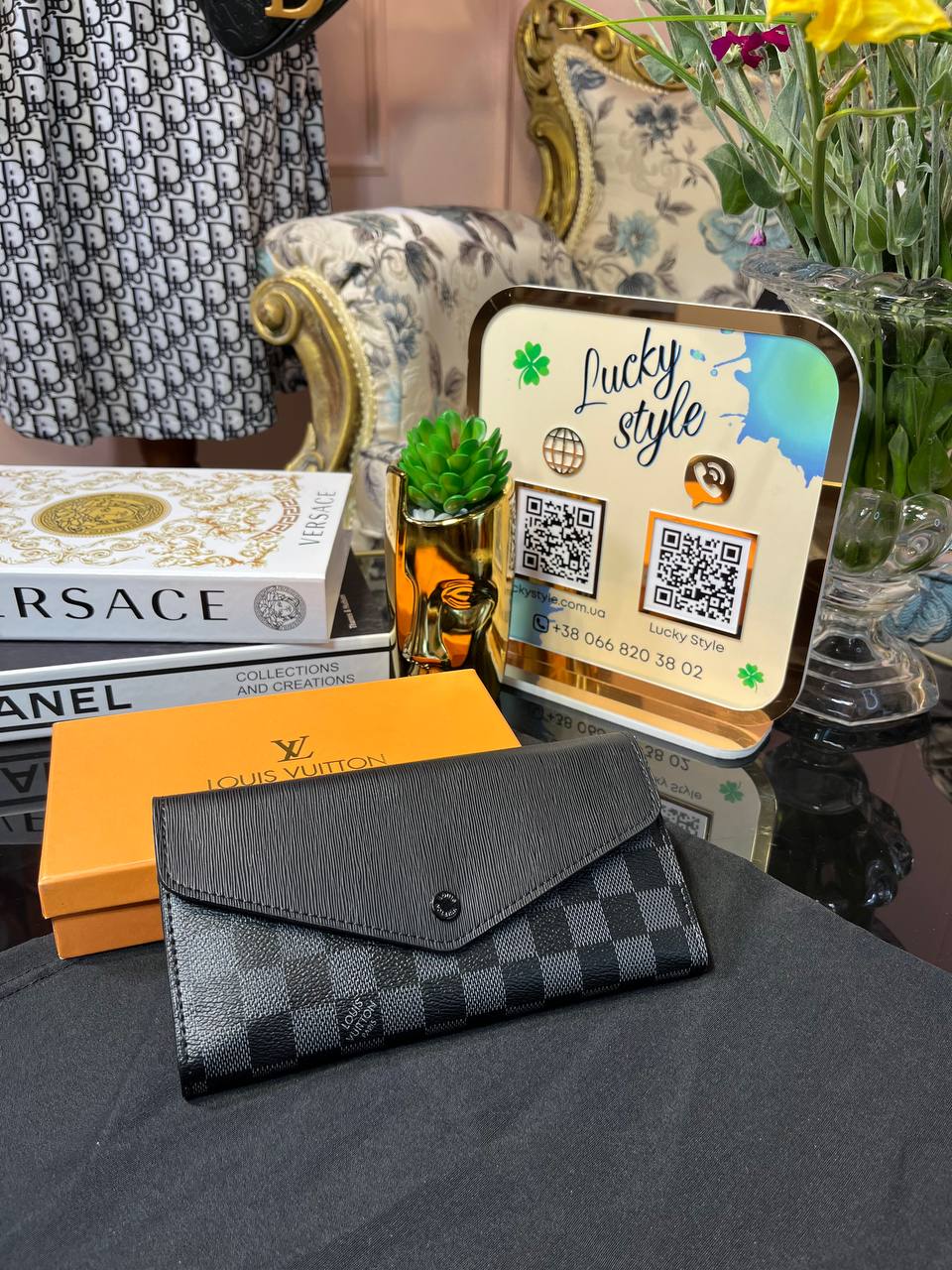 Кошелек Louis Vuitton серая шашка с чёрной вставкой 95897