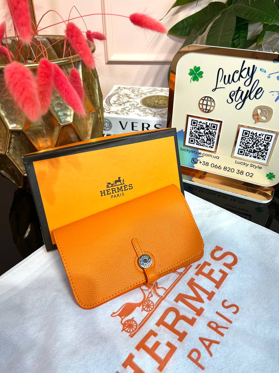 Кошелек-обложка на паспорт натуральная кожа Hermes оранжевый 95976