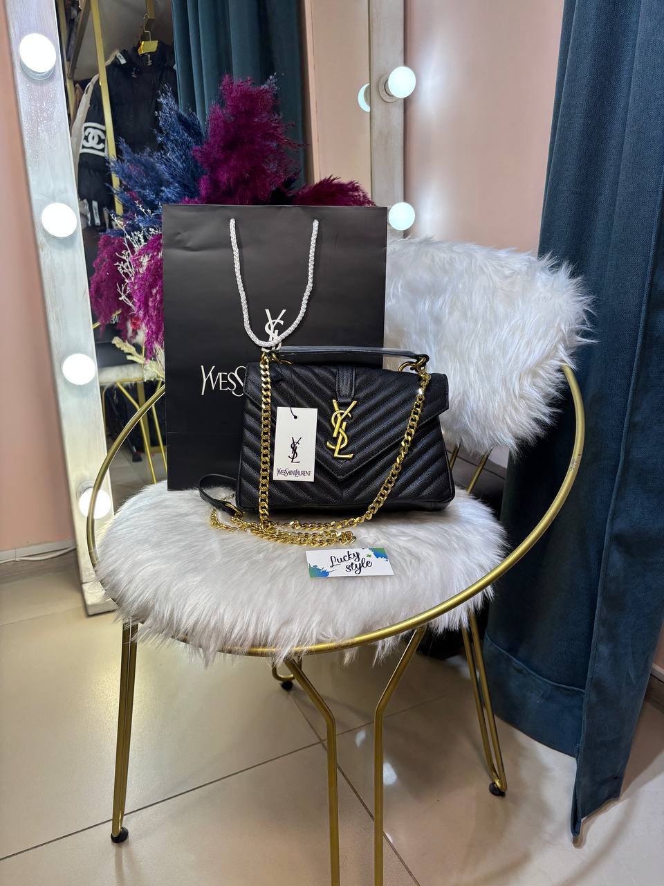 Сумка Yves Saint Laurent College чёрная под икру с золотой фурнитурой 96153