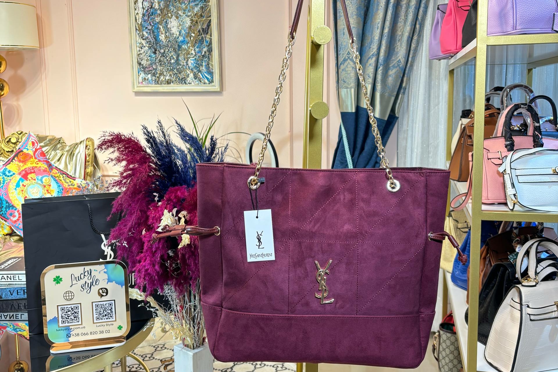 Сумка-шопер YSL Jamie бордовая под замш 95420