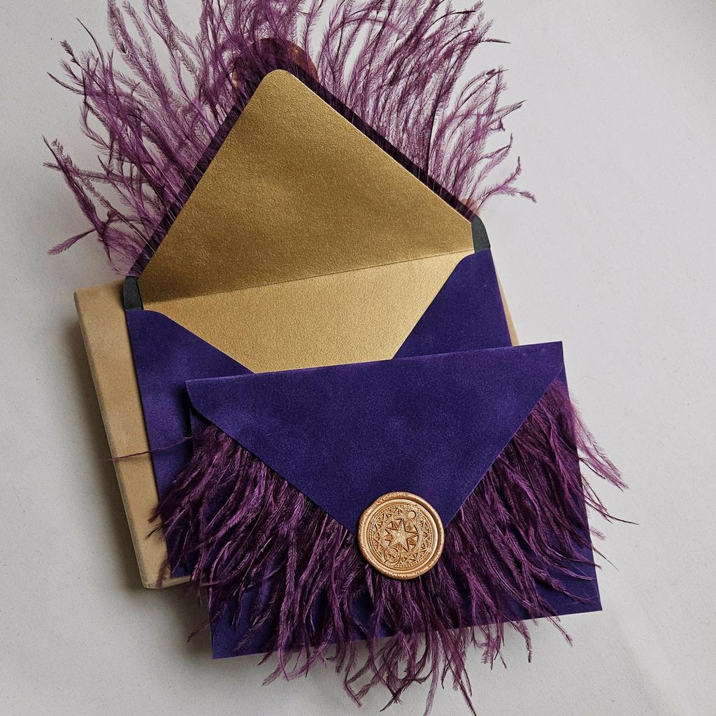 Конверт бархатний з пір'ям та сургучем. Чорничний