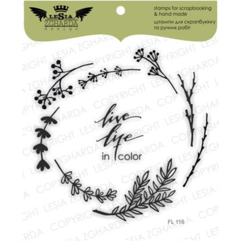 {FL116} Stamp set "Branches wreath with -LIVE LIFE IN COLOR- sentiment"