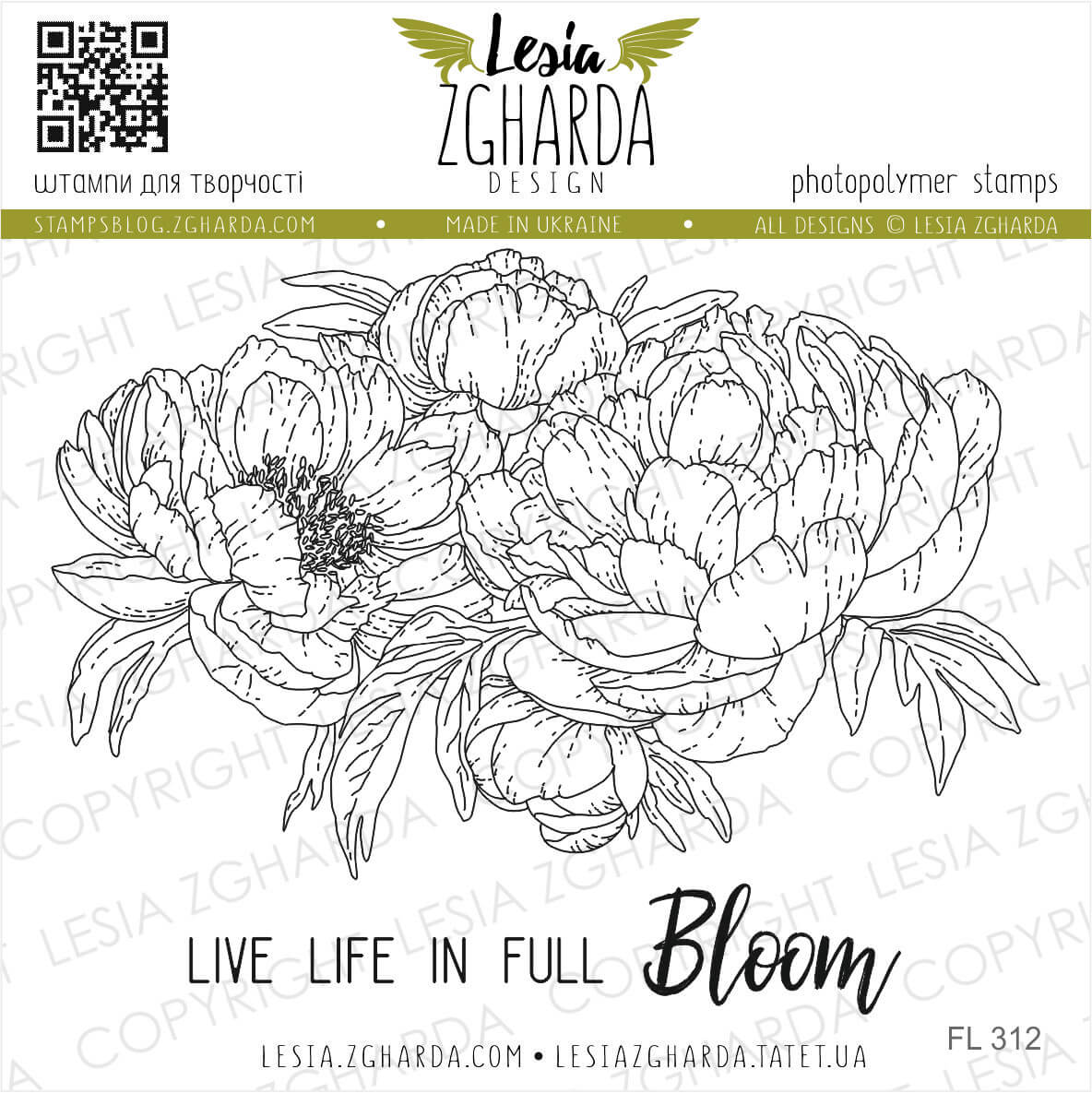 {FL312} Stamp Set "Peony flowers with sentiments "Live life in full Bloom"