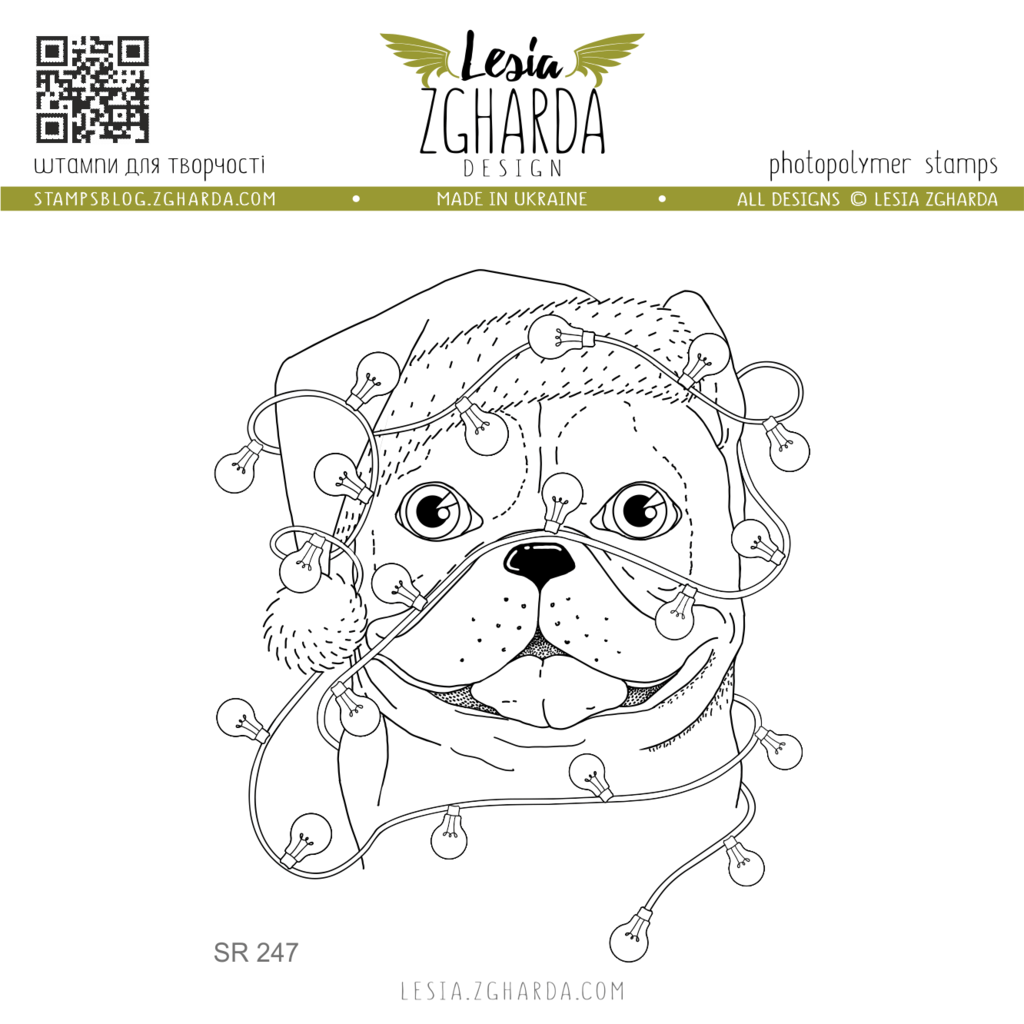 Image - French bulldog in the Santa hat with light bulbs garland craft stamp by Lesia Zgharda clear stamps