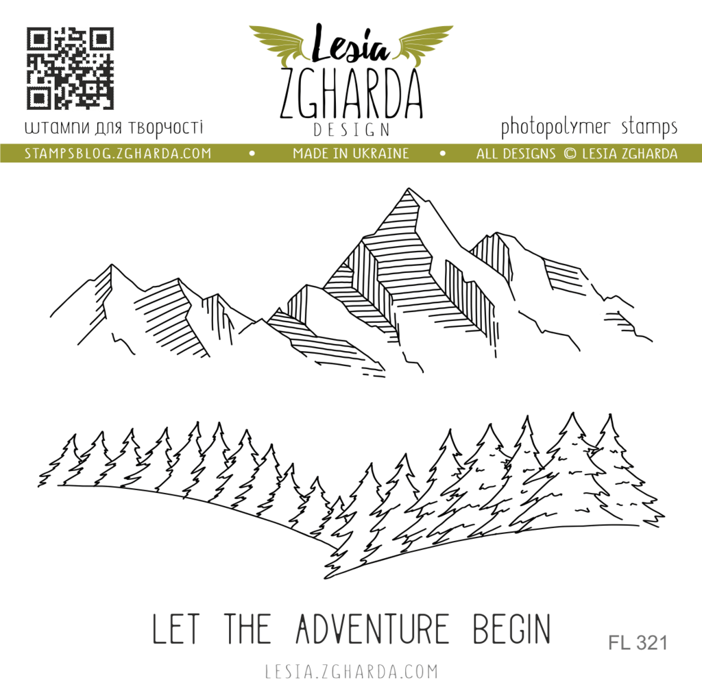 {FL321} Stamp Set "Mountains, Christmas trees, and the sentiment "Let the adventure begin"