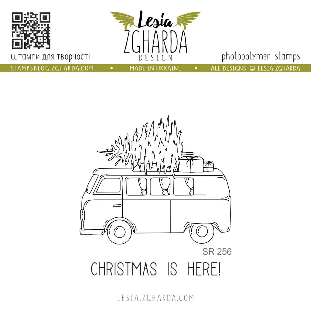 {SR256} Stamp Set "The bus with the Christmas tree and gifts, and the sentiment "Christmas is here!"