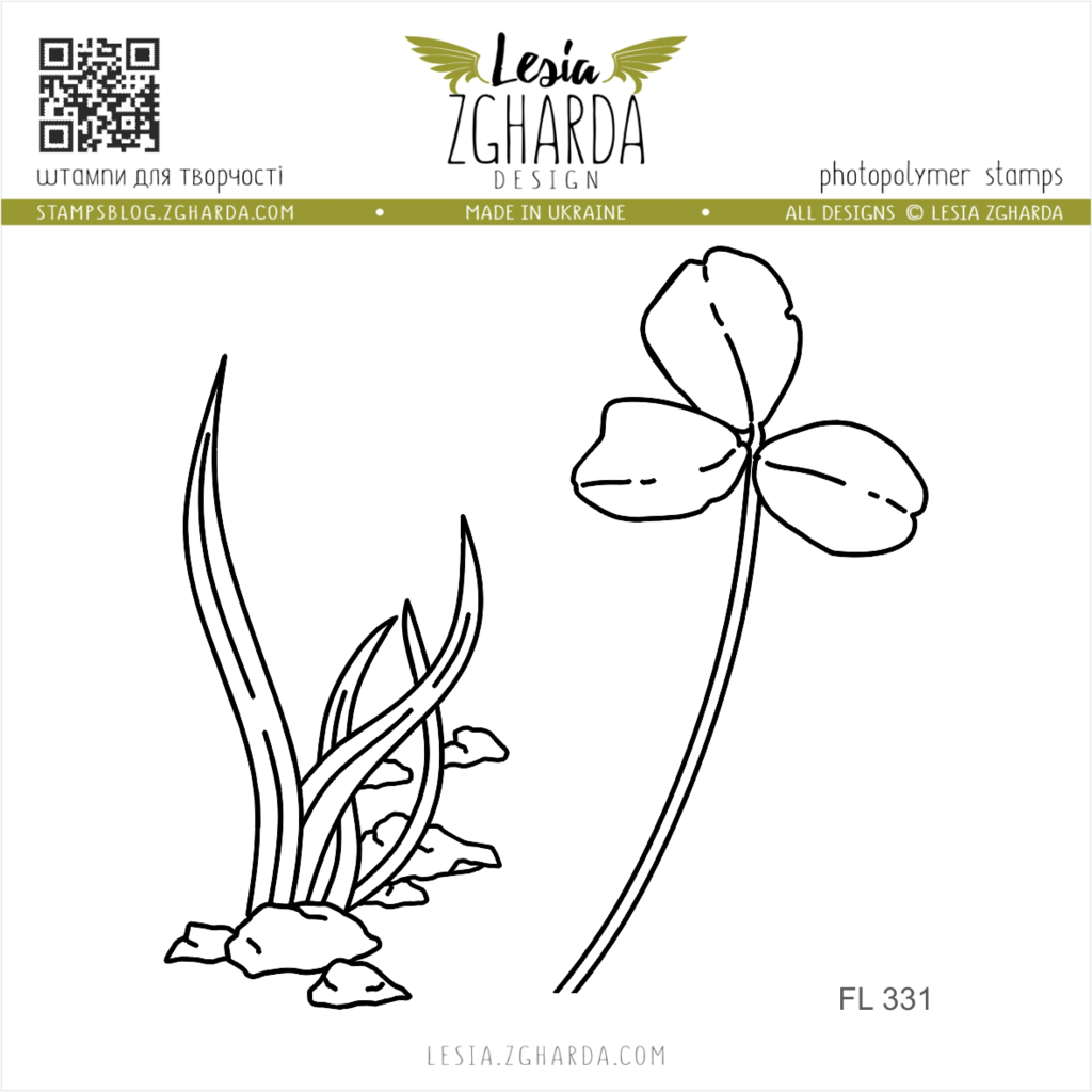 Image - Grass blade and stones with the clover leaf stamp set by Lesia Zgharda floral clear stamps