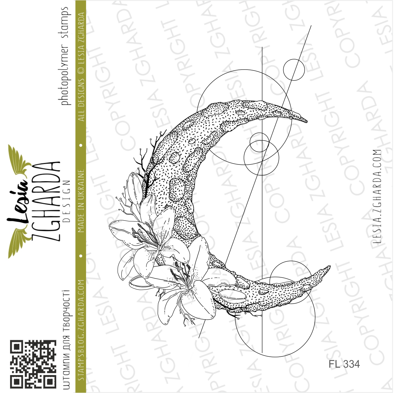 {FL334} Stamp "Moon with lily flowers and geometric background"