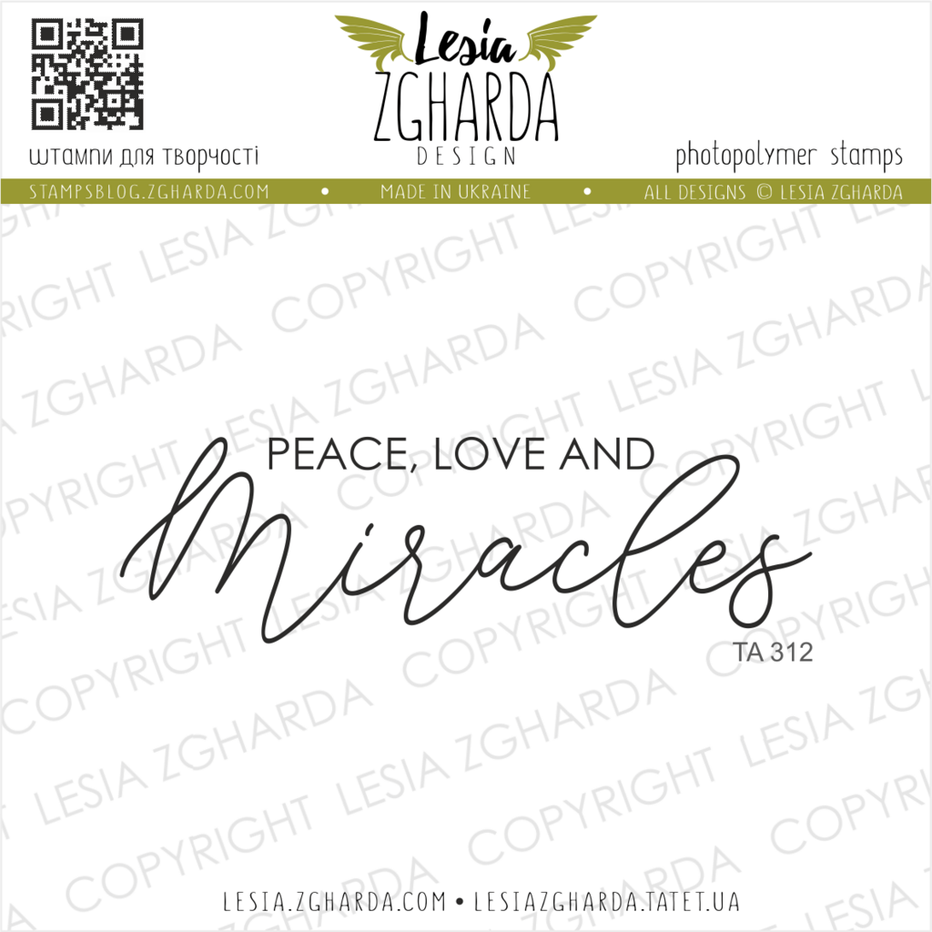 Image - Peace, love and miracles sentiment stamp by Lesia Zgharda Stamps