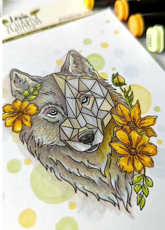 {FA182} Stamp "Wolf - triangle and flowers"