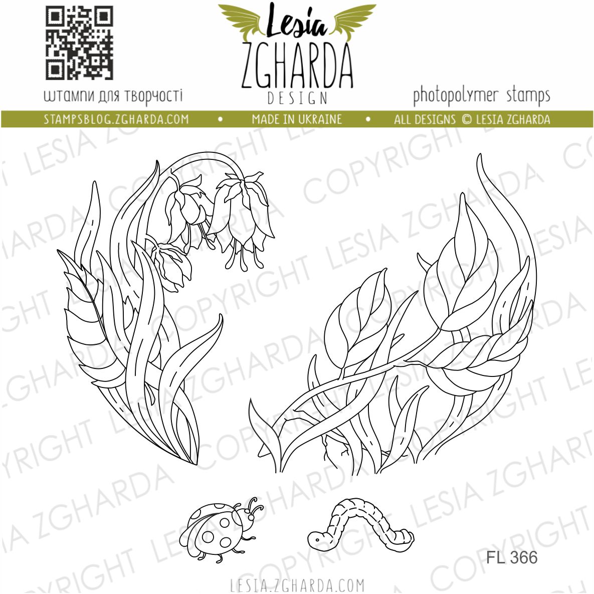{FL366} Stamp Set "Grass, bellflowers, ladybug, and worm"