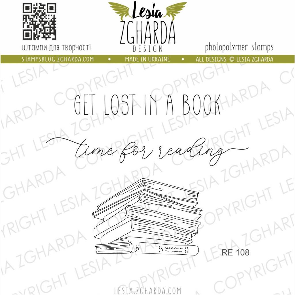 Image of the Reading Time Clear Stamp Set, including three clear stamps featuring the text - Get lost in a book -, - Time for reading -, and a stack of books stamp by Lesia Zgharda Stamps.