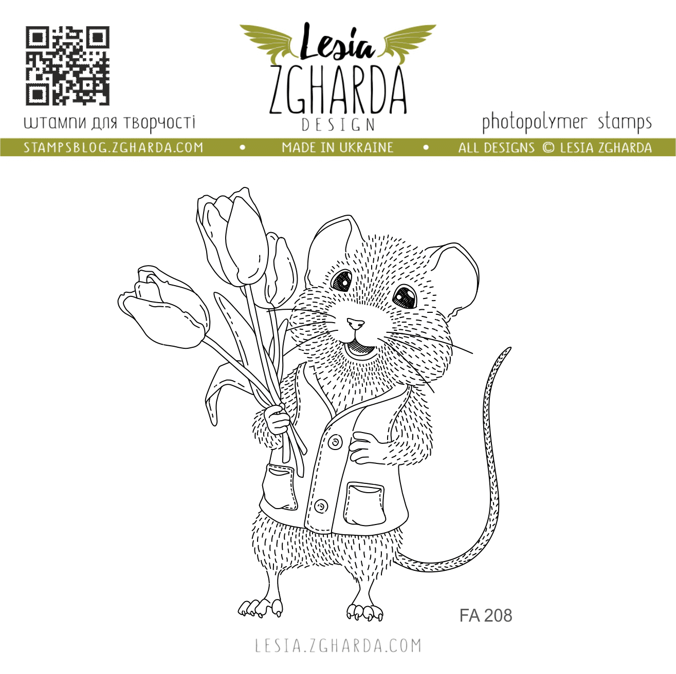{FA208} Stamp "Mouse with bouquet of tulips"