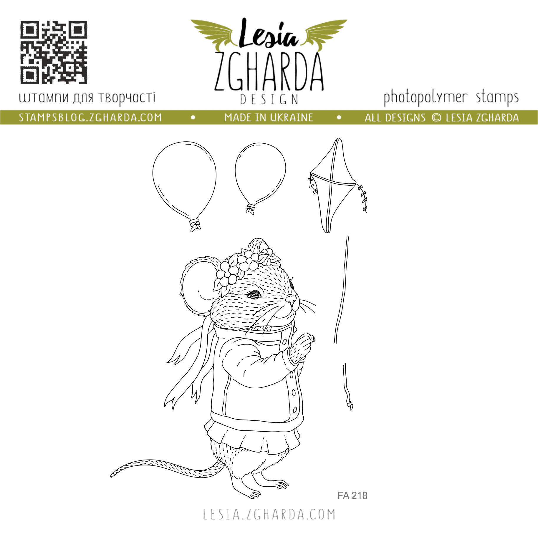 {FA218} Stamp Set "Mouse Girl with Balloons and a Kite"
