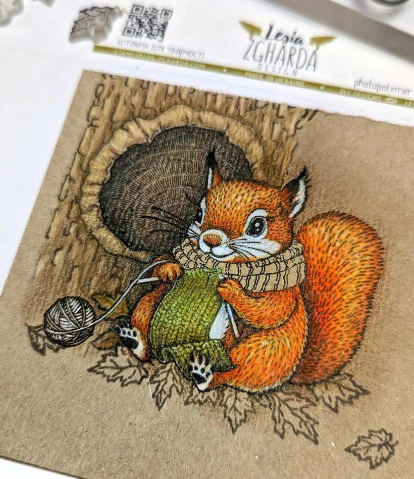 Colored card example: FA246 Knitting Squirrel