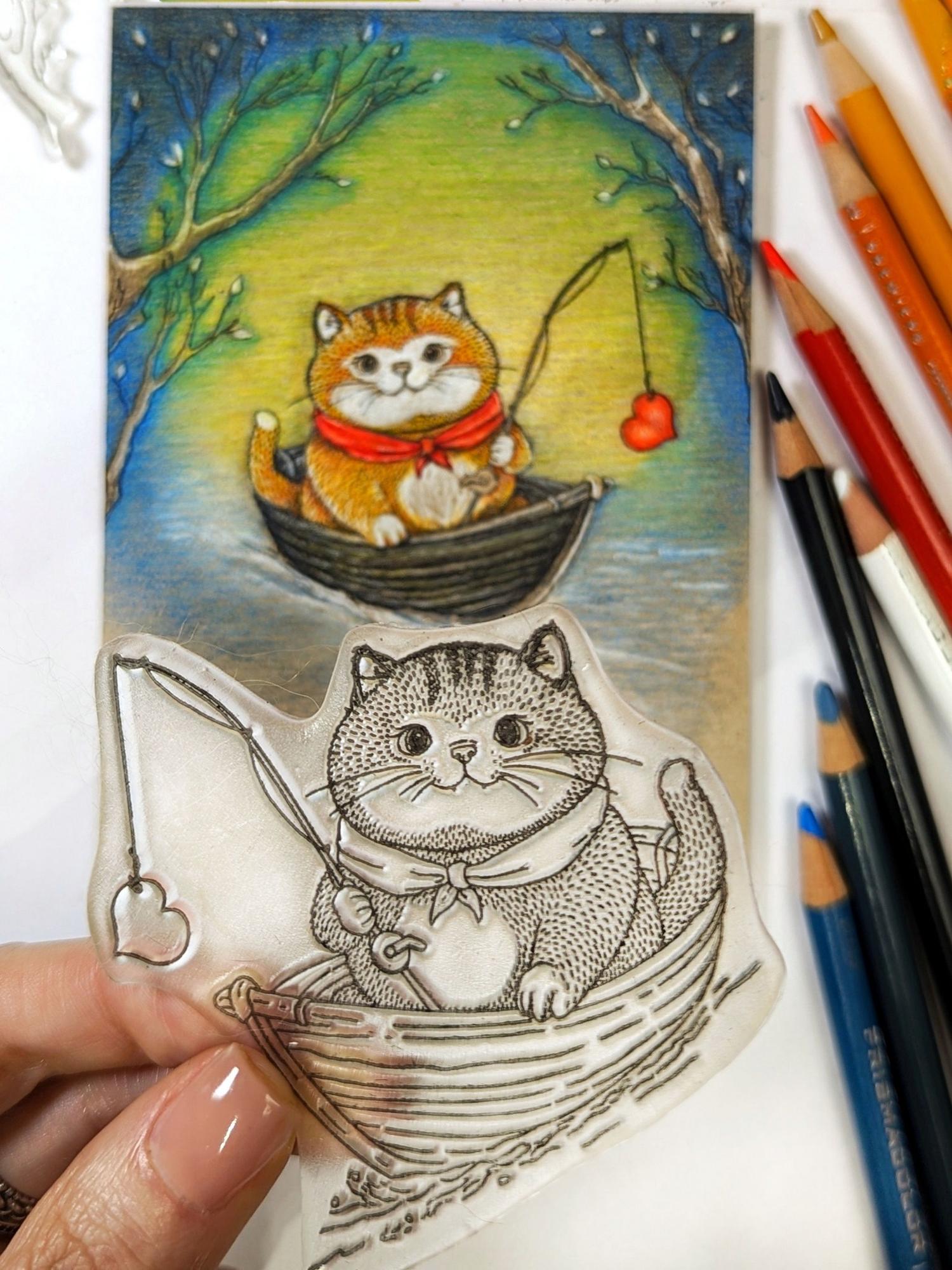 {FA254} Stamp "Heart Fishing Cat"