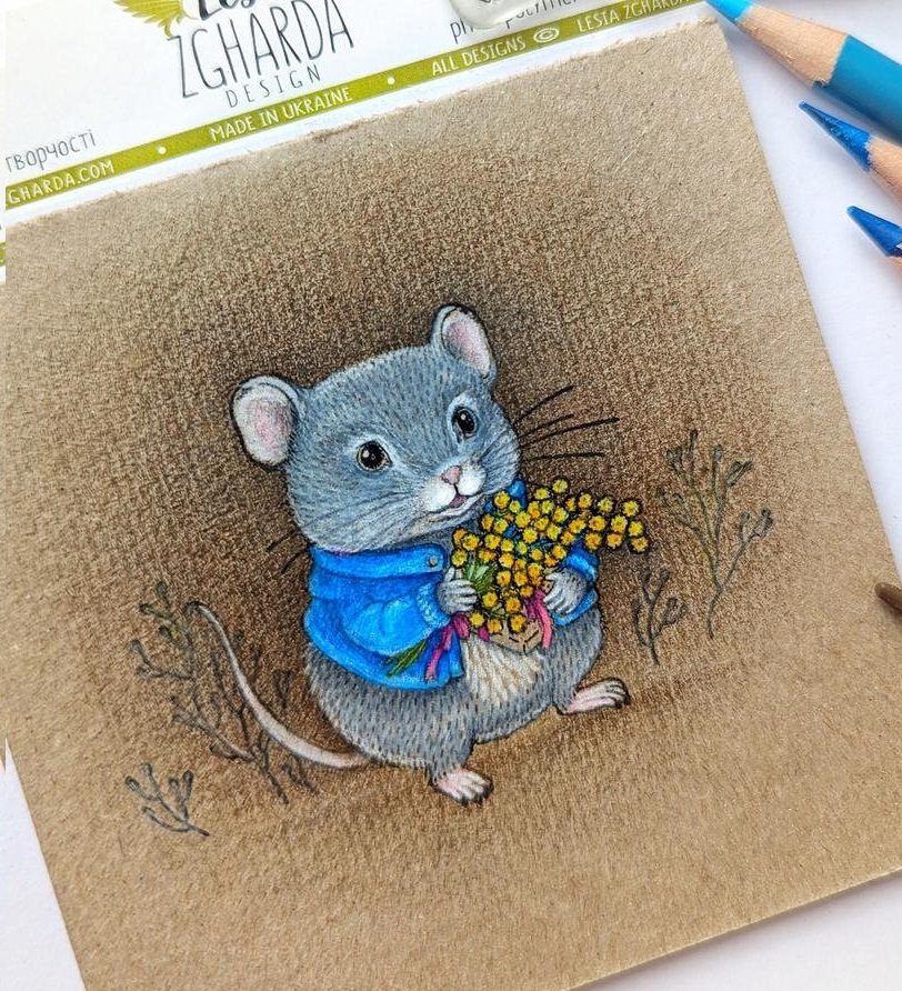 {FA255} Stamp "Tiny Mouse with a Bouquet'