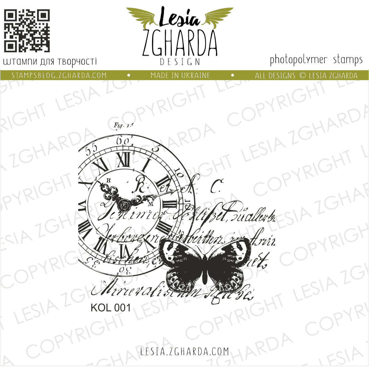{KOL001} Stamp  "Butterfly Collage with Clock"
