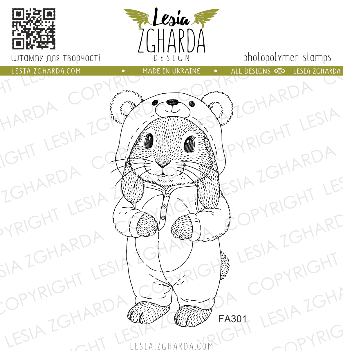 {FA301} Stamp "Adorable Bunny in Bear Kigurumi Pajamas"