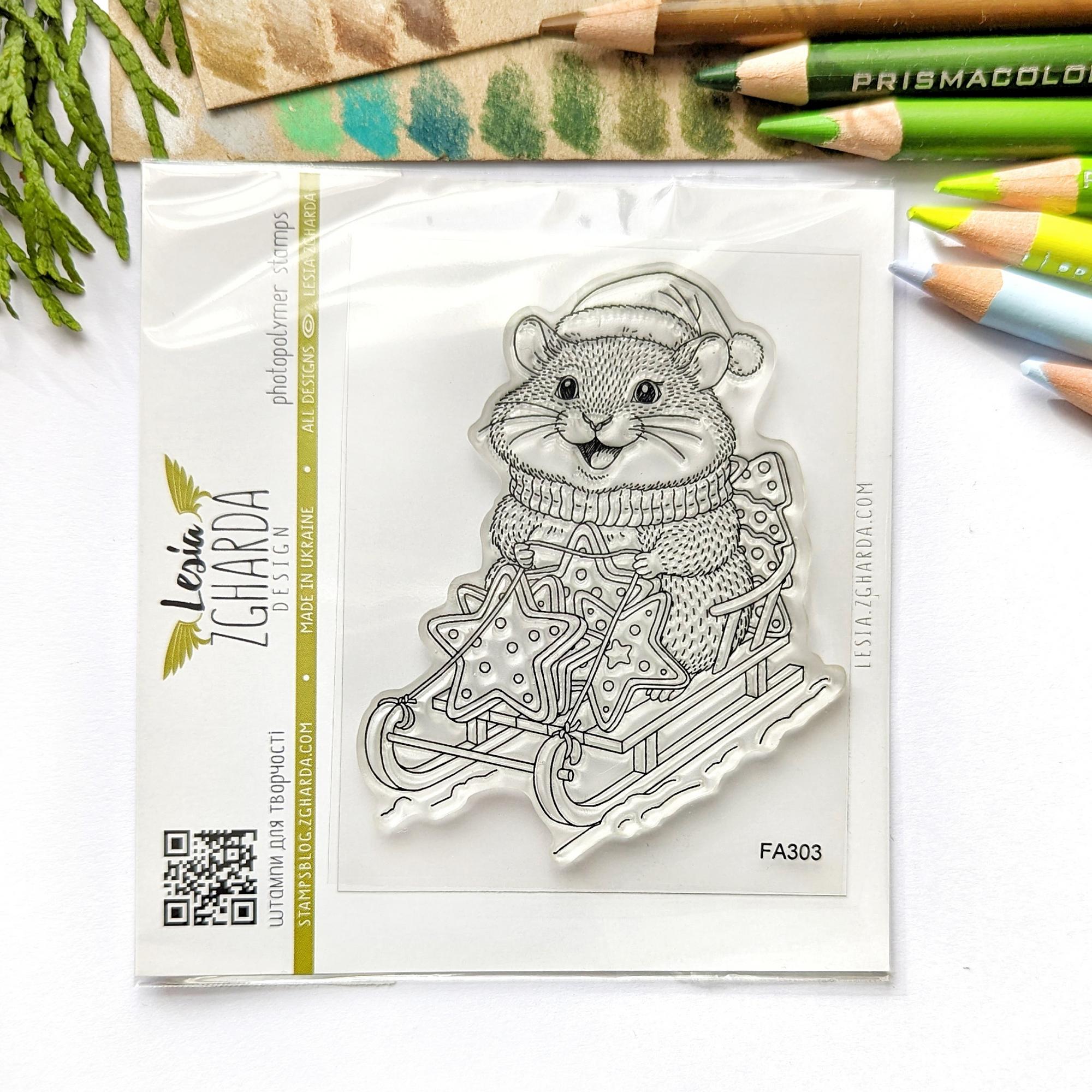 {FA303} Stamp "Hamster with a Christmas Cookie on the Sledge"