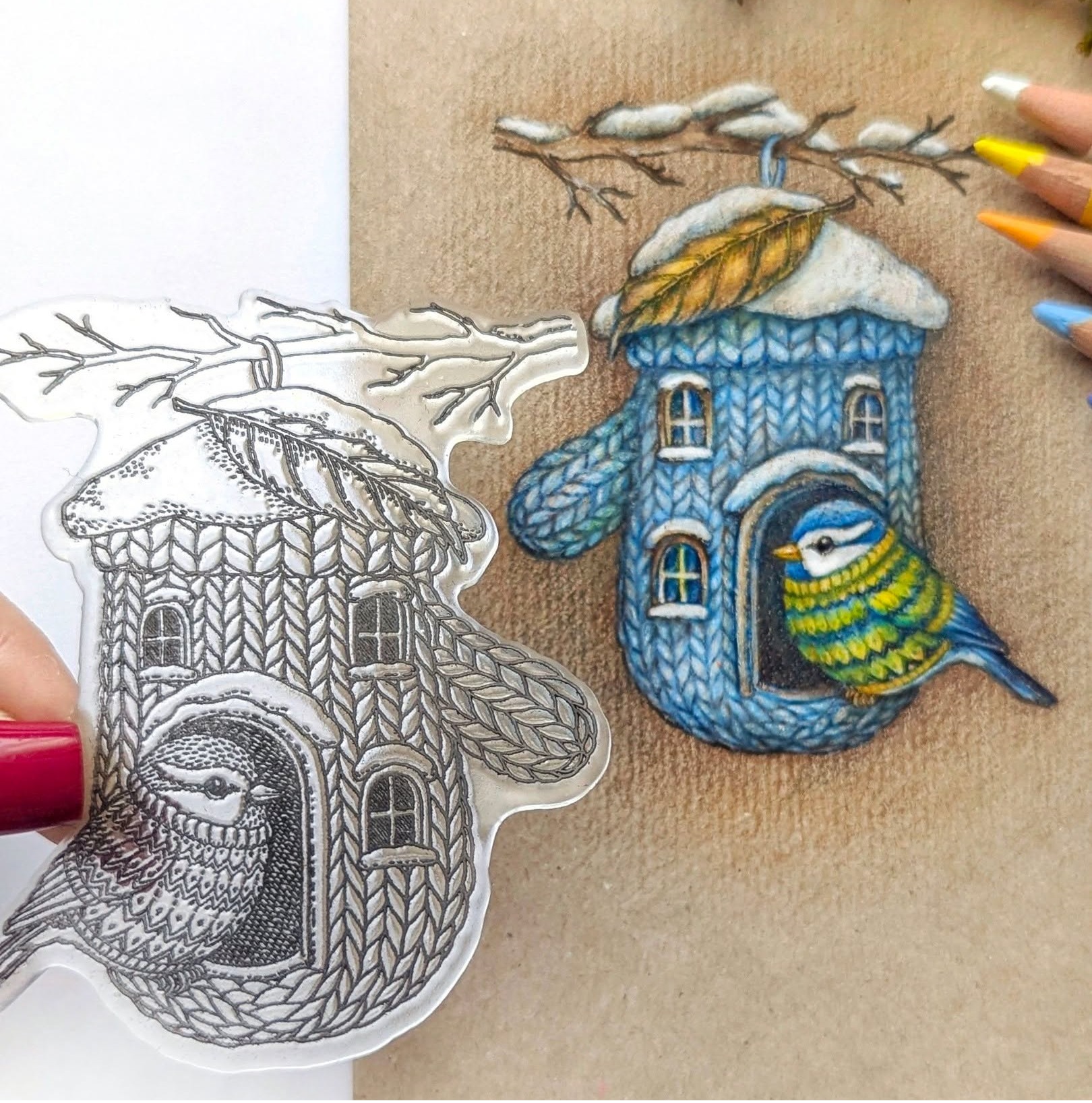 {RE118} Stamp “Knitted Glove Birdhouse”