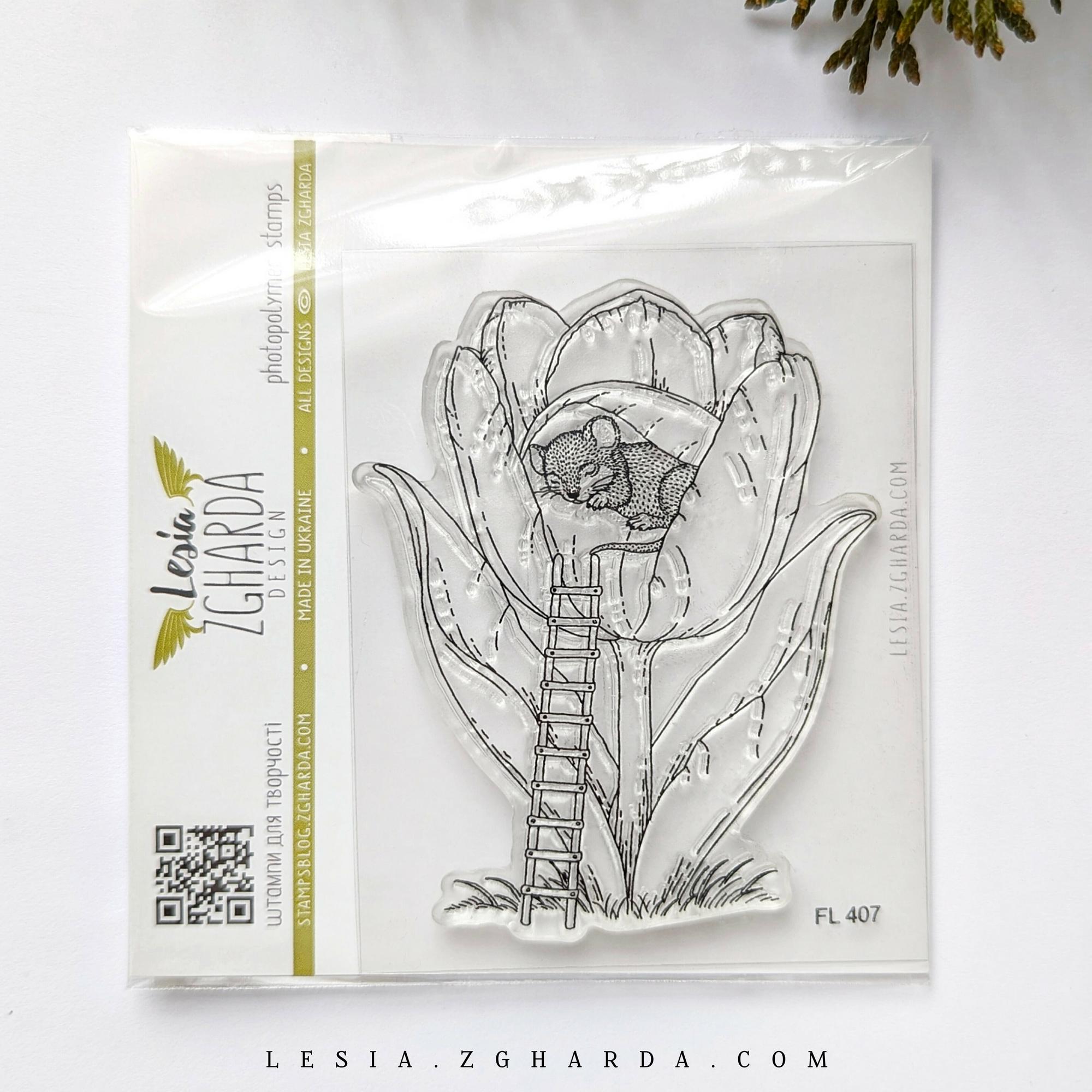 {FL407} Stamp “Mouse Sleeping in a Tulip”