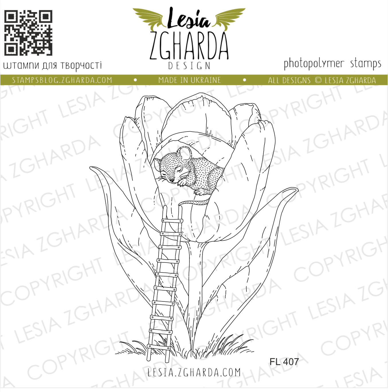 {FL407} Stamp “Mouse Sleeping in a Tulip”