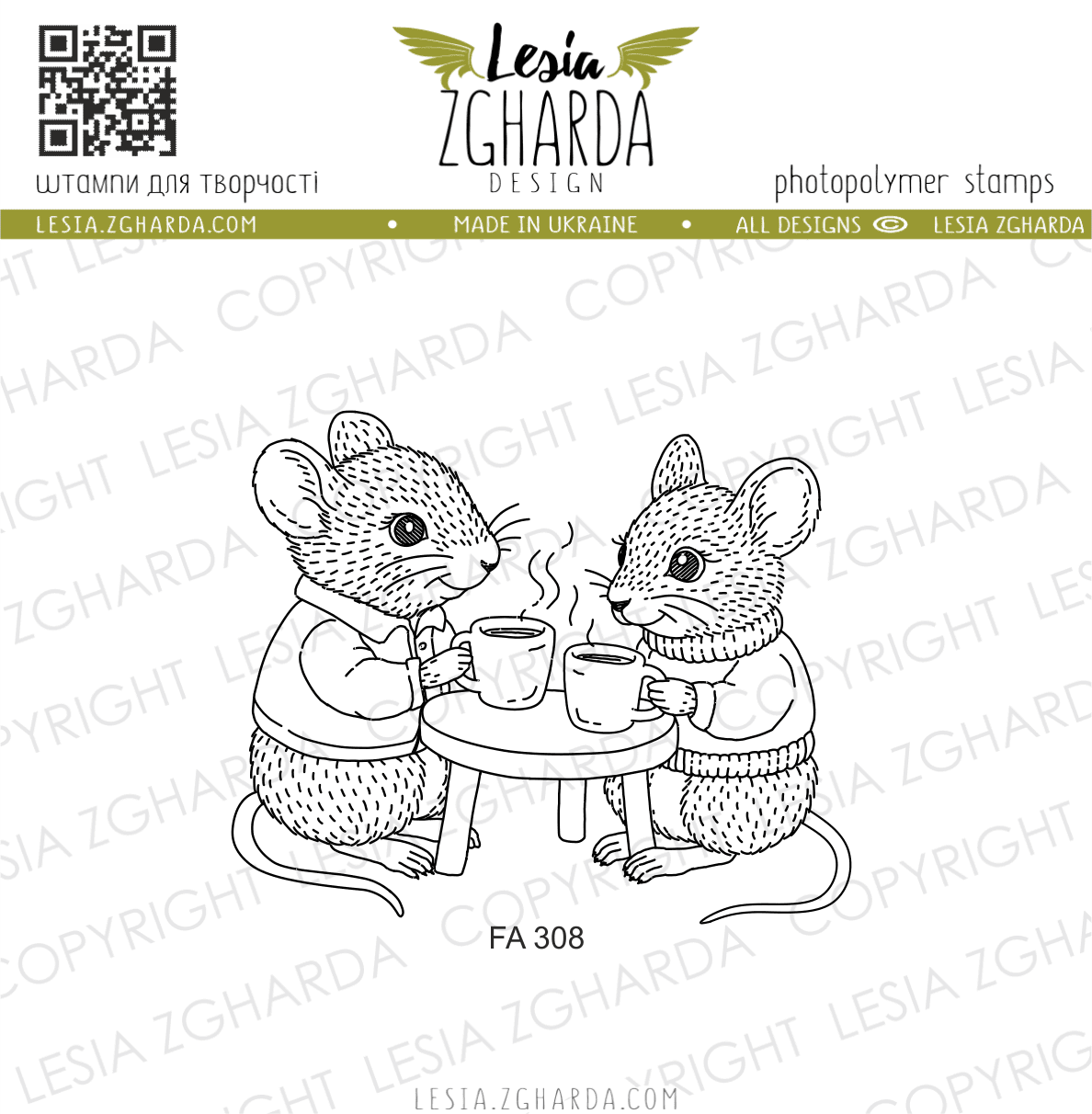 {FA308} Stamp “Cozy Tea Time for Two Mice”