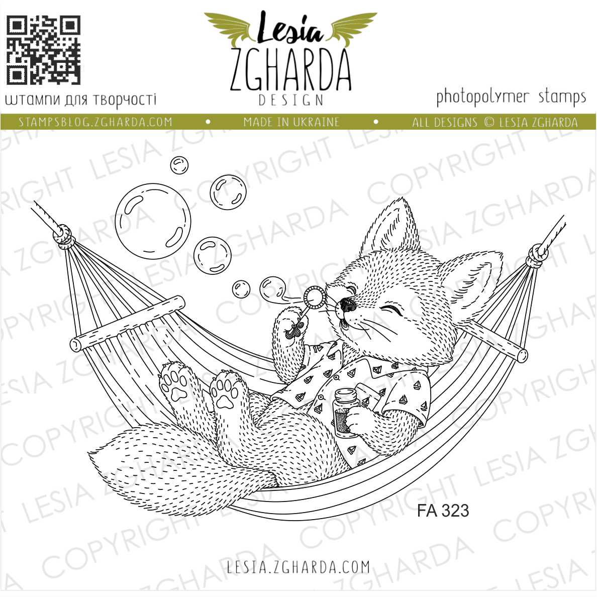 {FA324} Stamp "Fox Kit on a Hammock Blowing Bubbles"