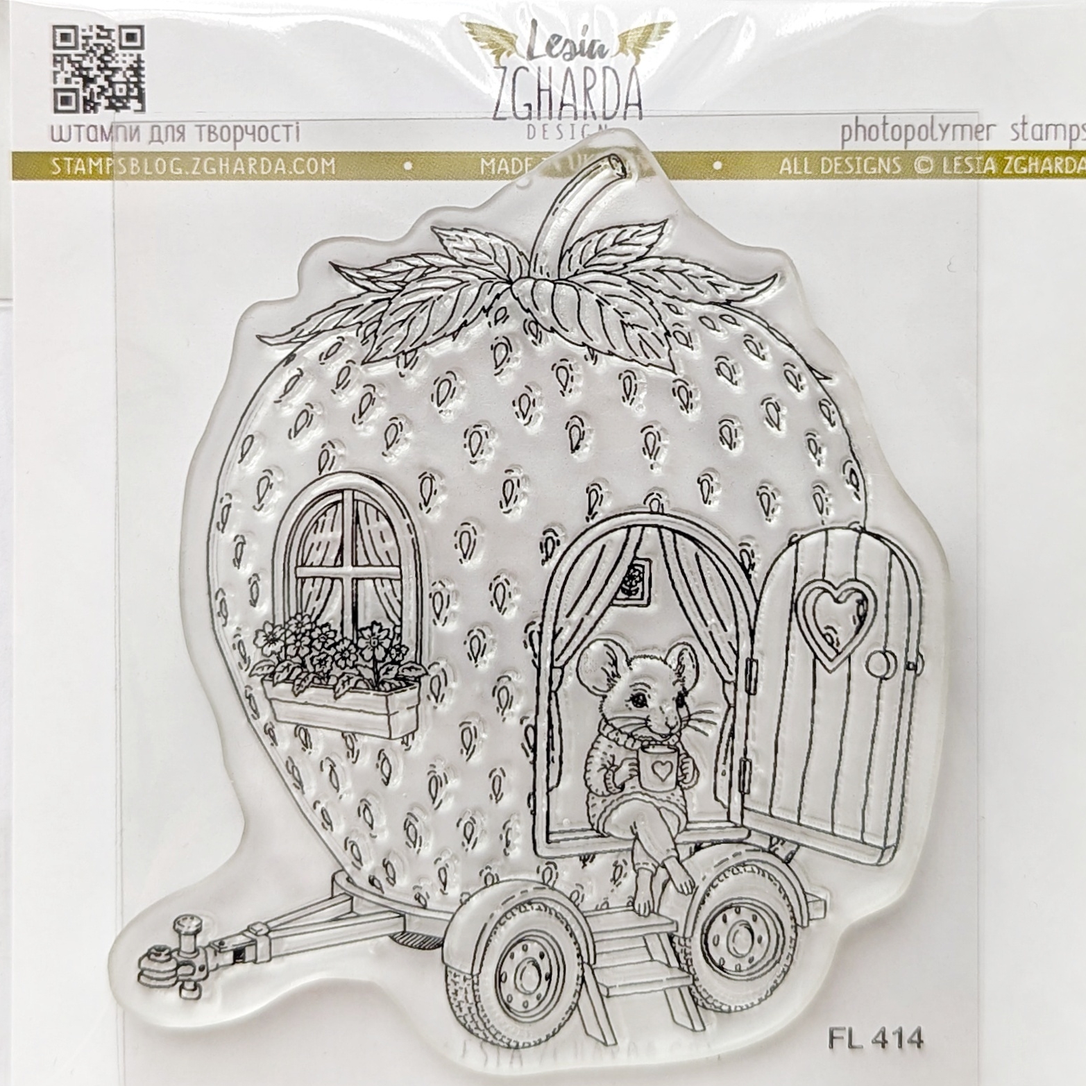 {FL414} Stamp “Strawberry House on Wheels with a Mouse”