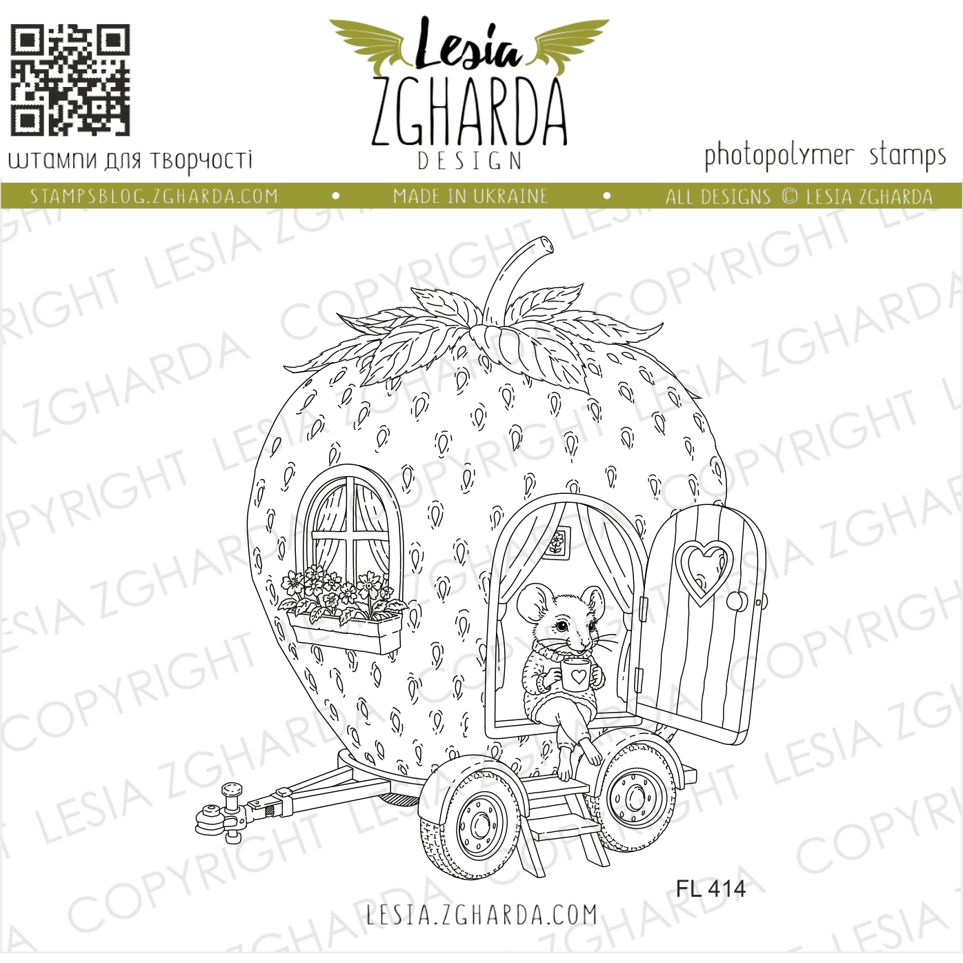 {FL414} Stamp “Strawberry House on Wheels with a Mouse”