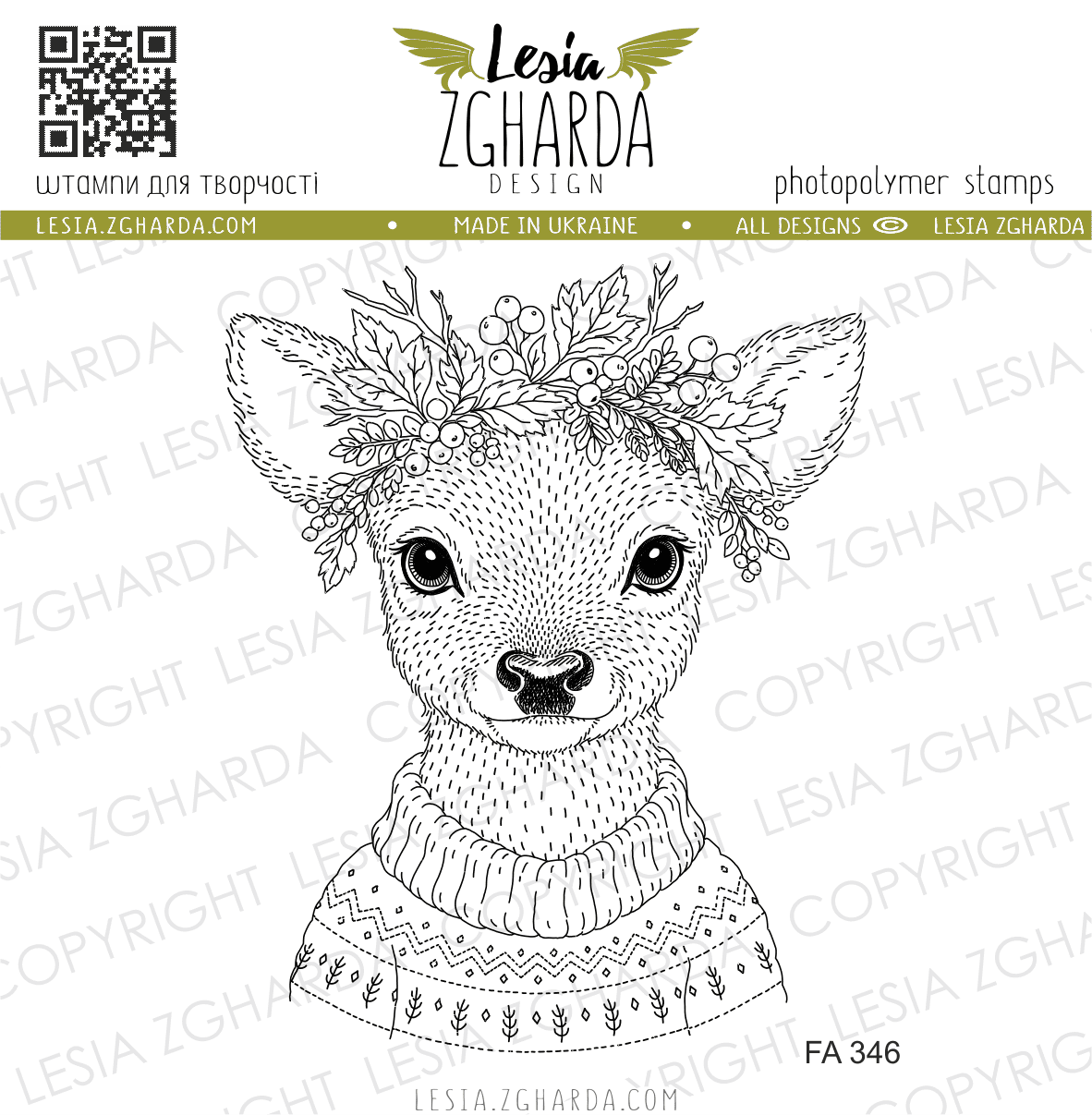 {FA346} Stamp "Cozy Deer Girl with a Winter Wreath“