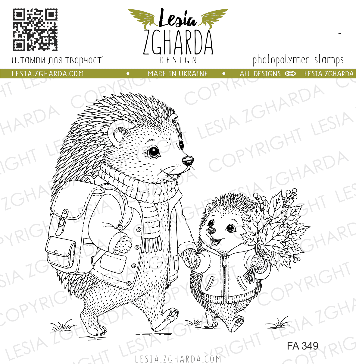 {FA349} Stamp "Papa Hedgehog and Baby Hedgehog with a Leaf Bouquet"