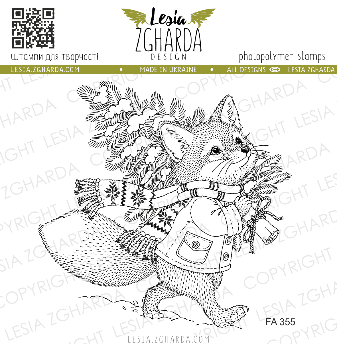 {FA355} Stamp “Cozy Fox with Christmas Tree”