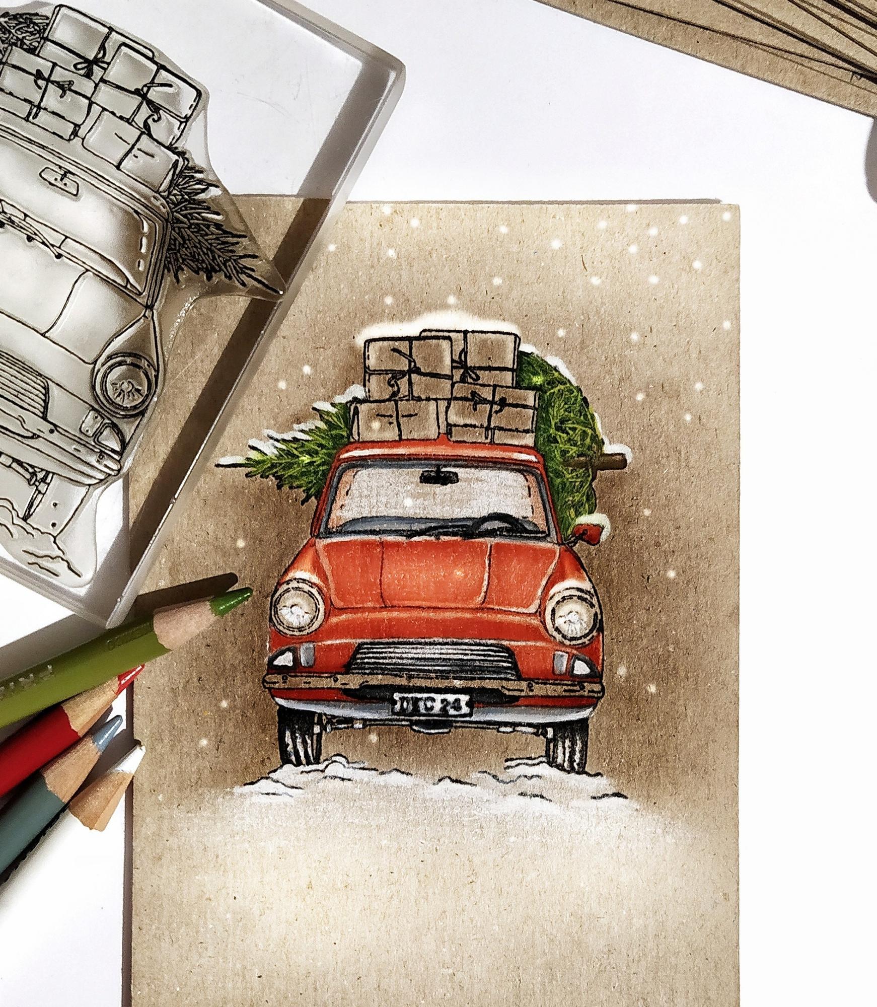 {SR221} Stamp "Christmas car with Christmas tree and gifts"