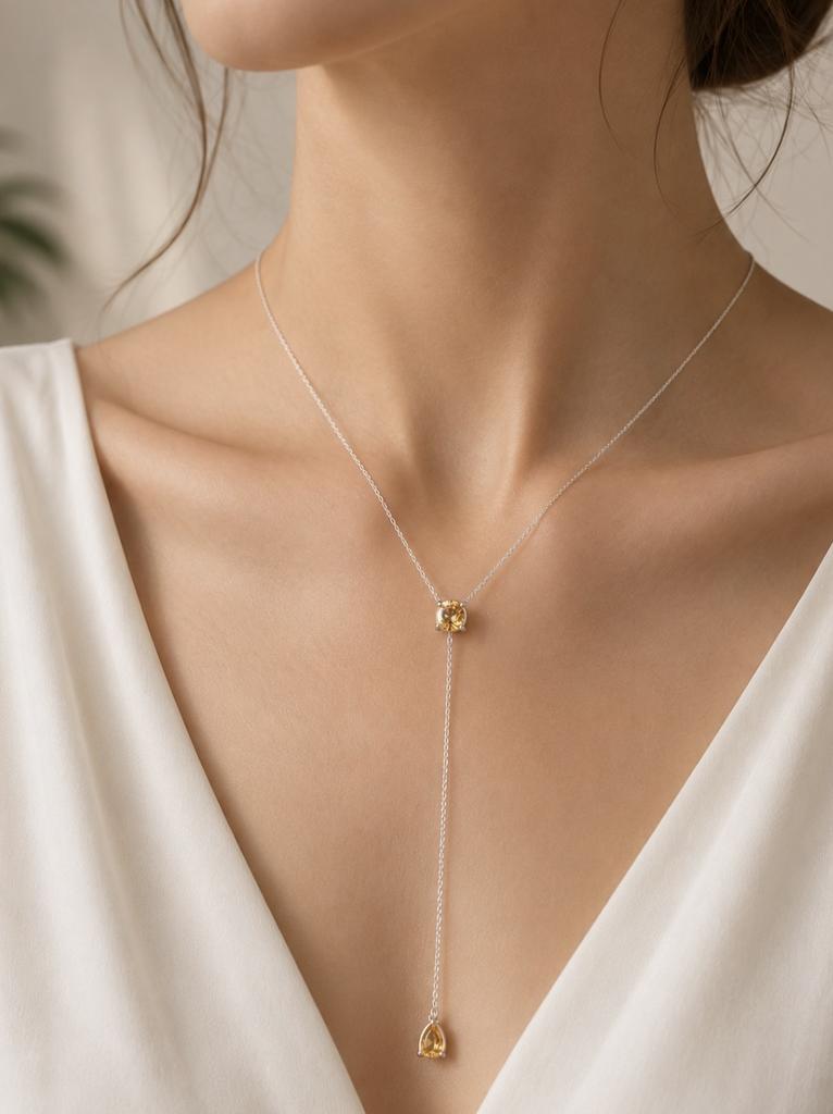 Collier cravate en argent avec citrine naturelle