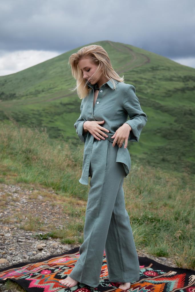 Костюм з льону вільного фасону - сорочка з шортами та штанами "Папороть". Колекція "Карпати"