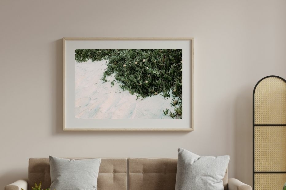Minimalist Beach Print – Sand and Green Plant Wall Art, Nature Photography Poster