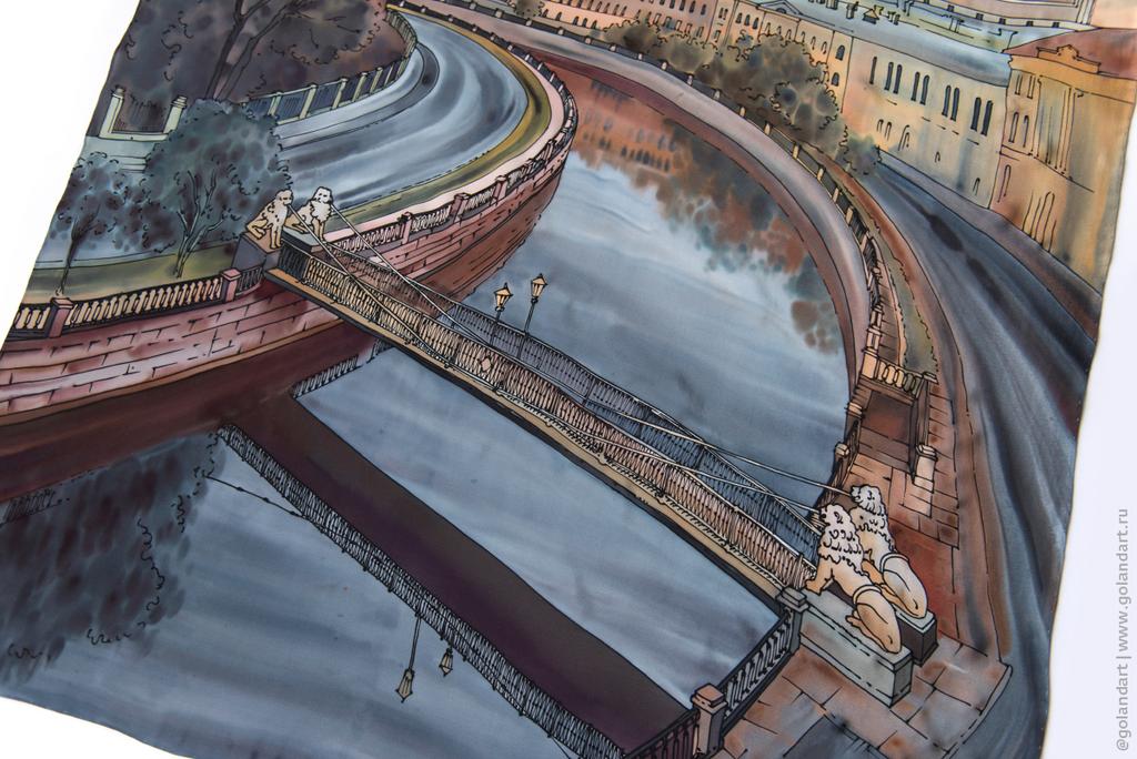 Платок «Львиный мостик». Ручная роспись на натуральном шёлке (крепдешин, 90х90 см).
