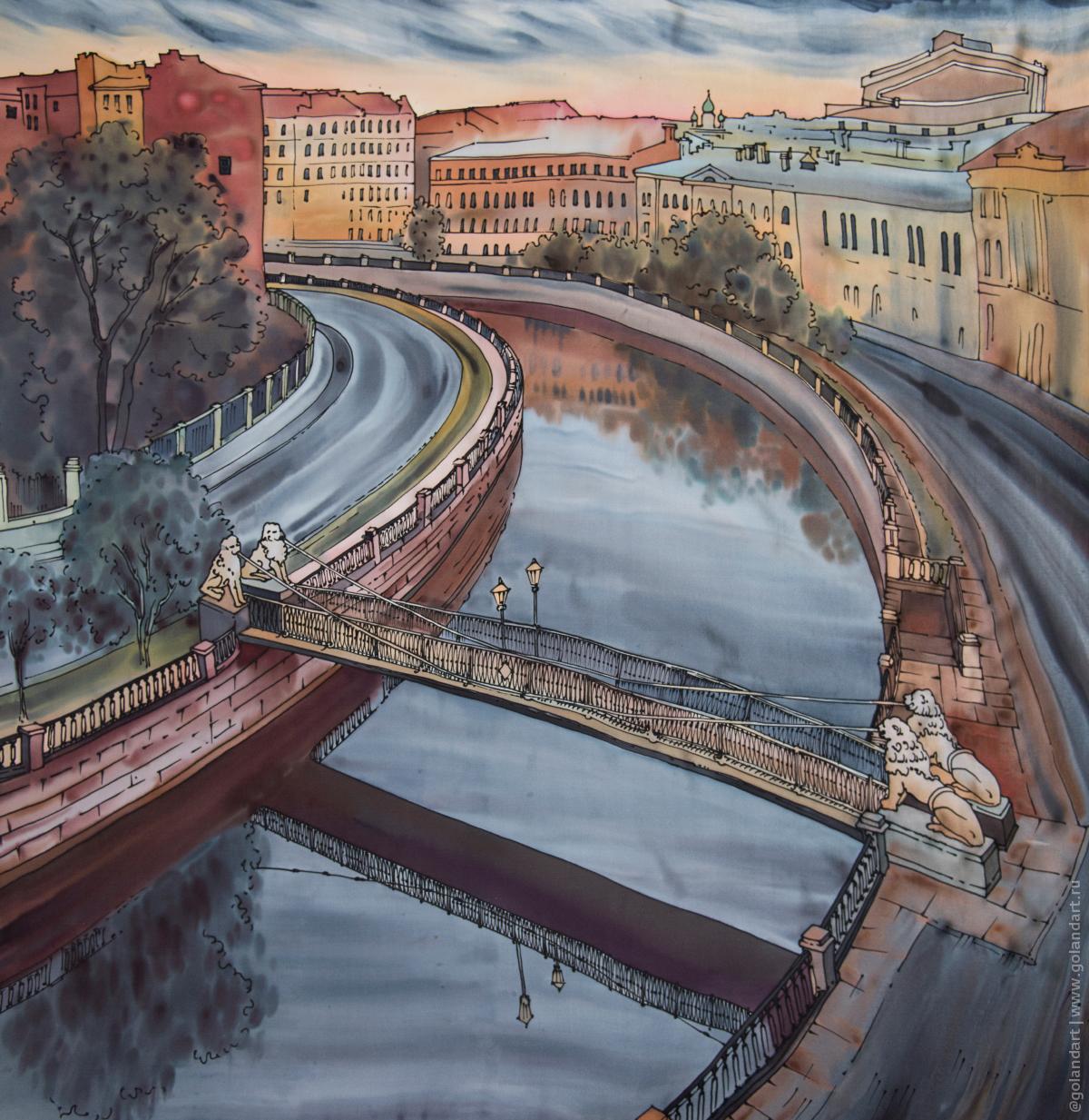 Платок «Львиный мостик». Ручная роспись на натуральном шёлке (крепдешин, 90х90 см).