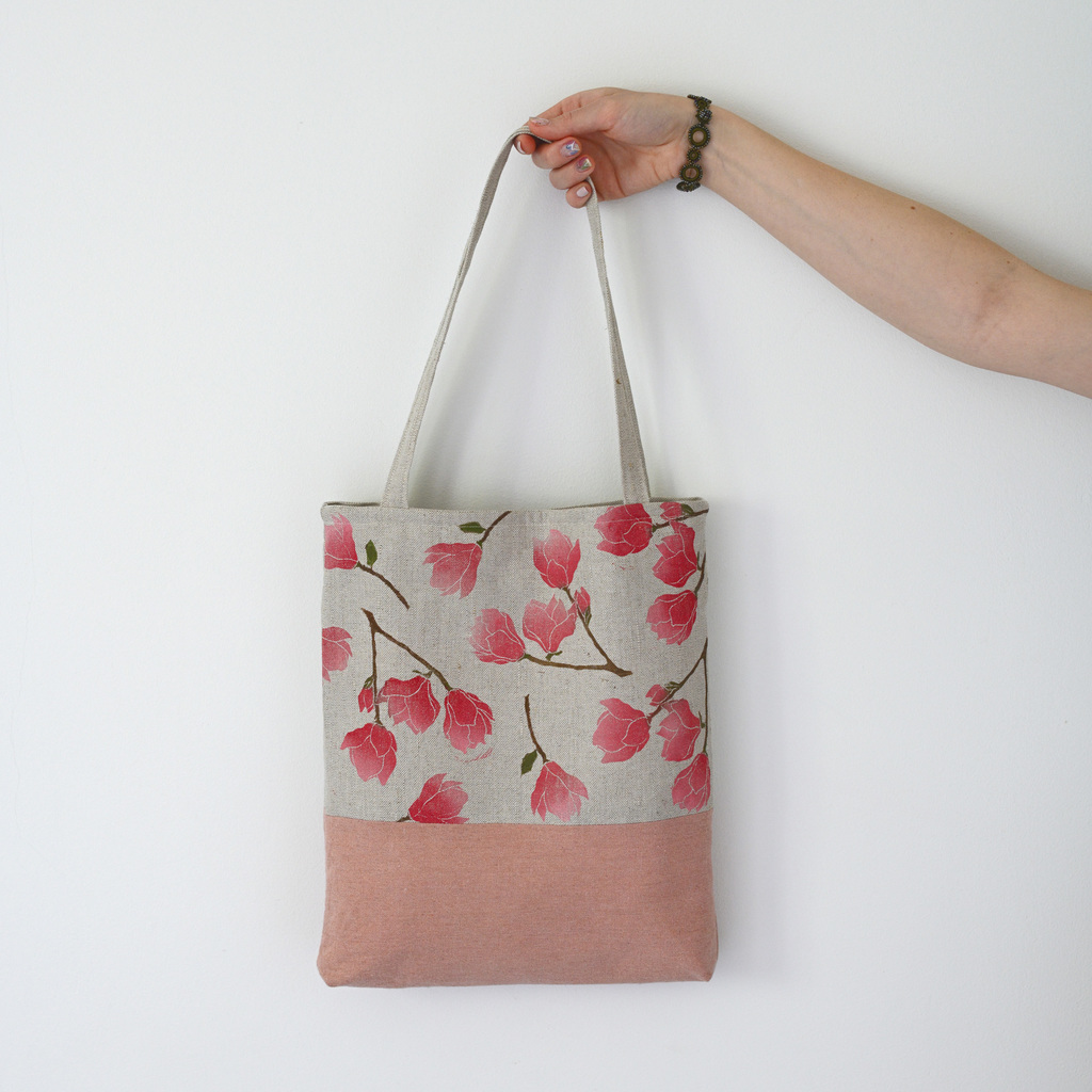 Small 2024 crossbody bag with magnolia pattern. Linen purse. Handprinted pattern. Flowers pattern. Pink purse. Magnolia flowers.