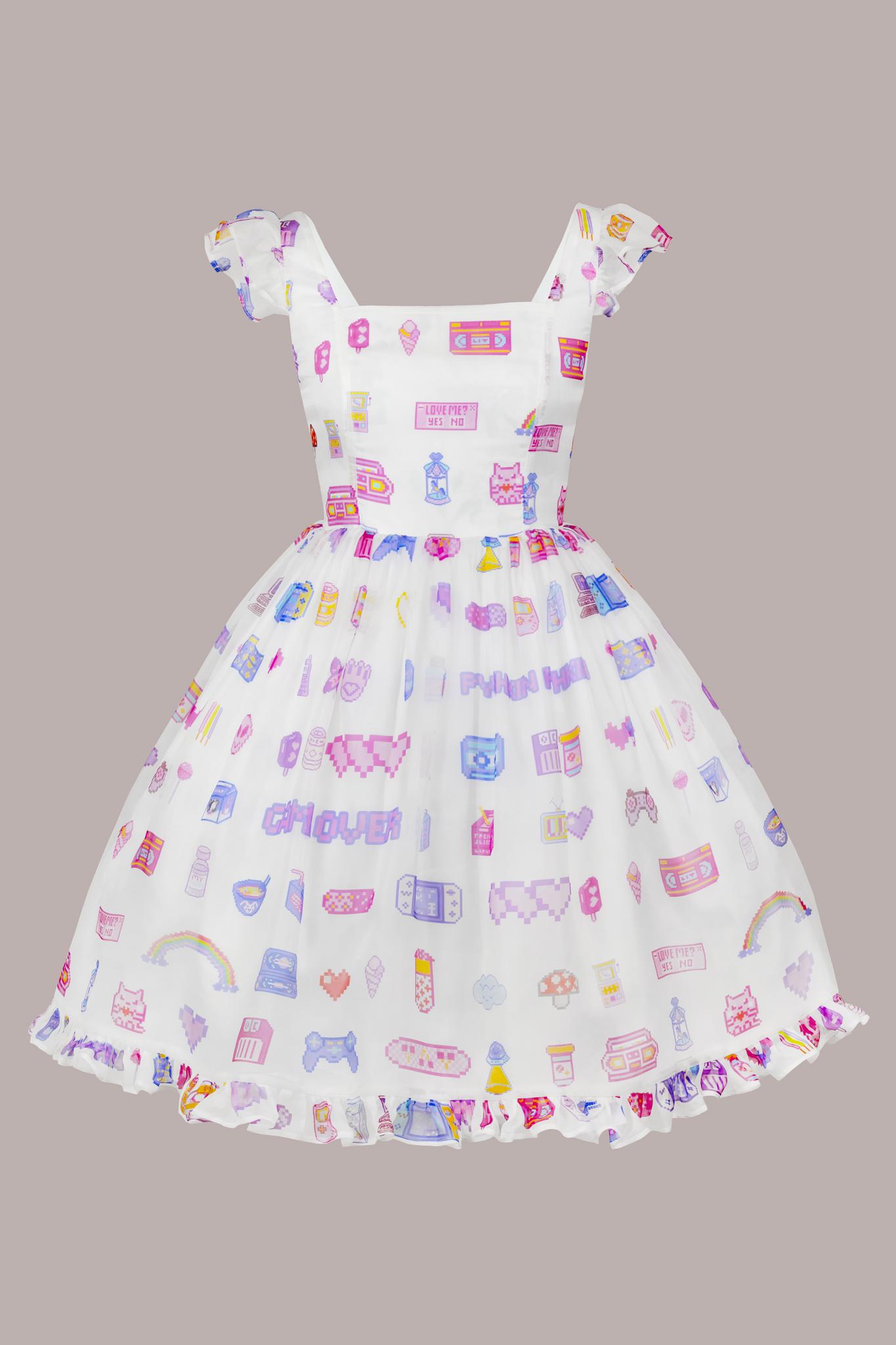 Cute silk organza dress with pixel art print