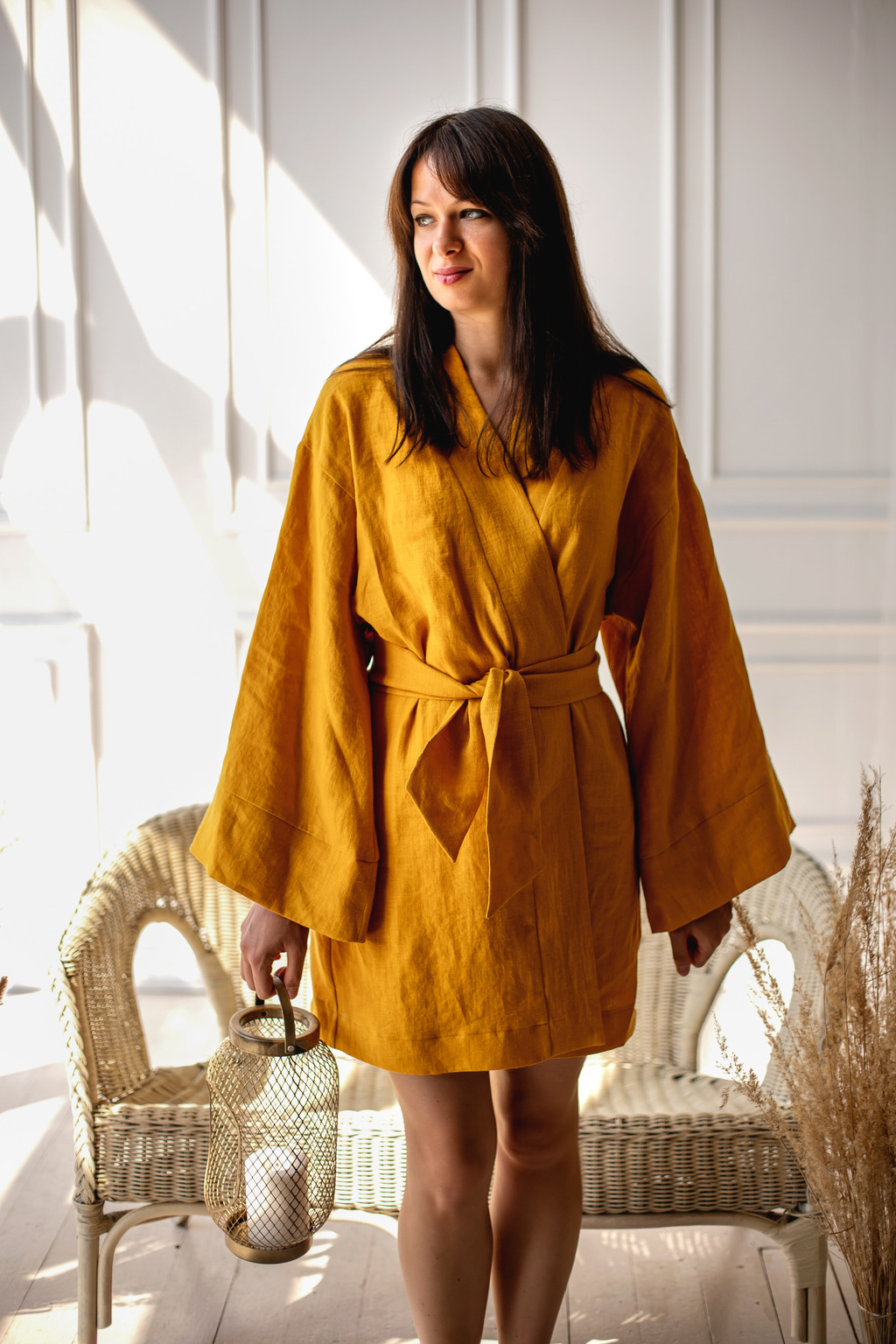 Домашний кружевной халат кимоно с цельнокроеными рукавами