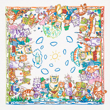 Foulard en coton "Chats à la pêche" (Blanc)